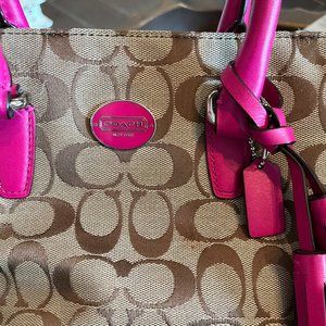 Coach purse logo print fabric and hot pink leather